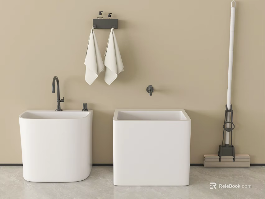 Bathroom Accessories With White Square Sinks Faucets Towel Rack And Mop 3d model