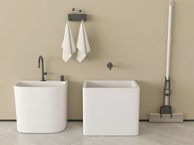 Bathroom Accessories With White Square Sinks Faucets Towel Rack And Mop 3d model
