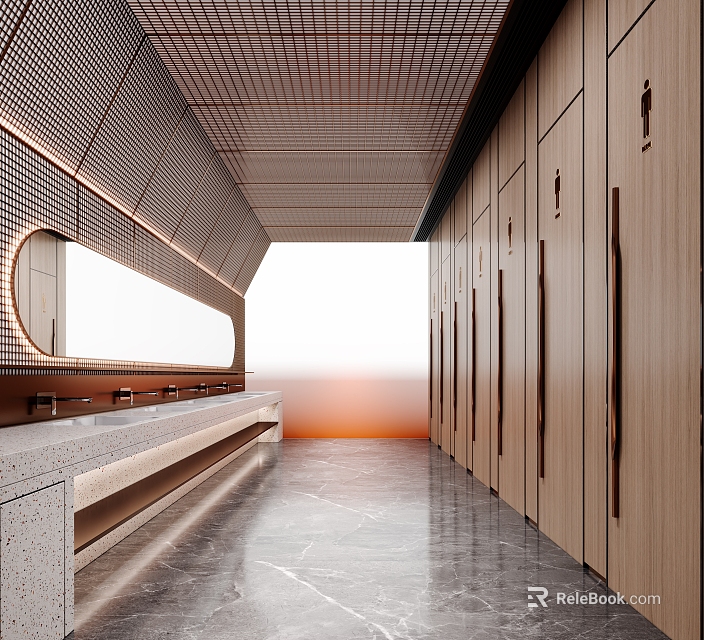 Modern Public Restroom With Vanity Mirror And Wooden Stalls 3d model 
