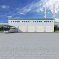 Industrial Factory Building with White Exterior Blue Stripe and Red Fire Truck Parked Outside