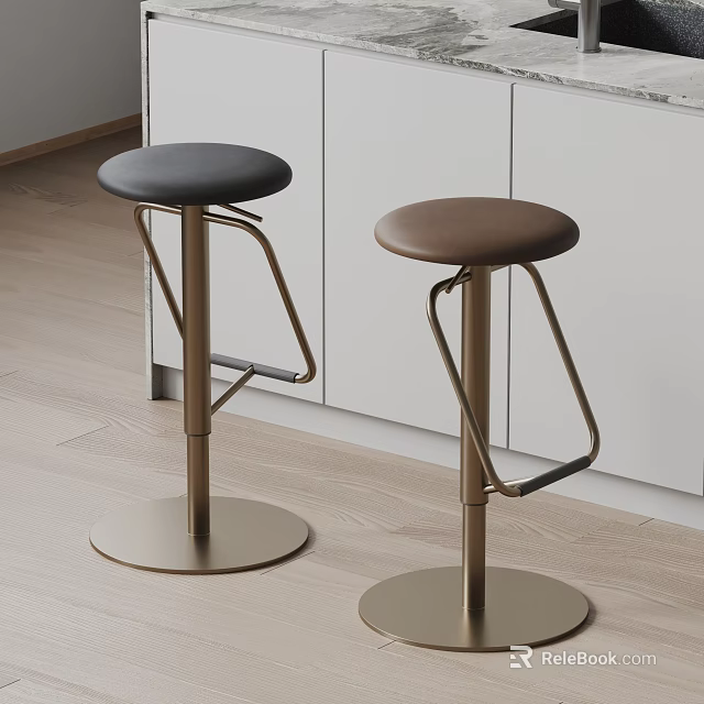 Modern Minimalist Kitchen Bar Stools With Black Brown Leather Seats And Brass Metal Frames 3d model 