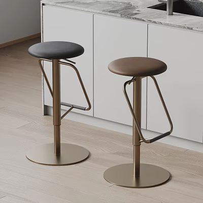 Modern Minimalist Kitchen Bar Stools With Black Brown Leather Seats And Brass Metal Frames 3d model