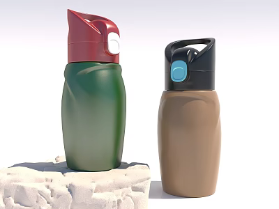 Two Green And Brown Water Bottles With Red Black Lids On Stone Base 3d model