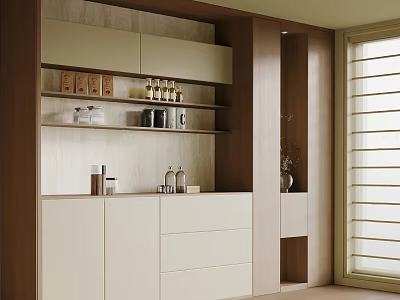 Modern Wooden And White Sideboard Interior With Cabinets Drawers And Shelves For Bottles 3d model