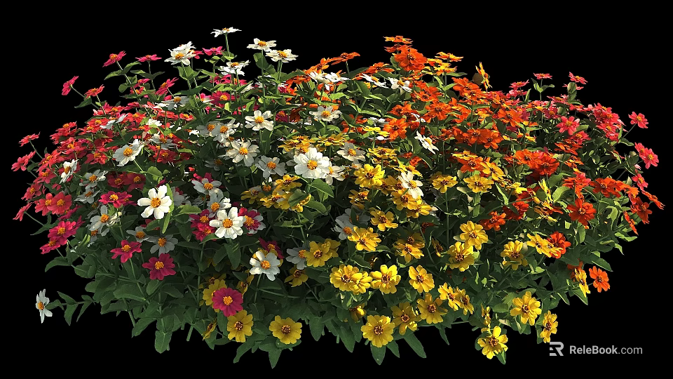 Vibrant Colorful Flowers Blooming in Various Hues with Lush Green Leaves 3d model 