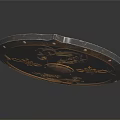 Ancient Decorative Shield with Intricate Dragon Patterns Red Gold Accents Brass Rivets Wooden Surface
