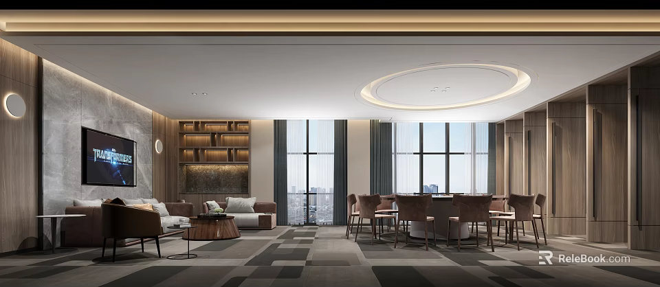 Modern Private Box Interior Design With Sofa Coffee Table Bookshelf And Large Windows 3d model 