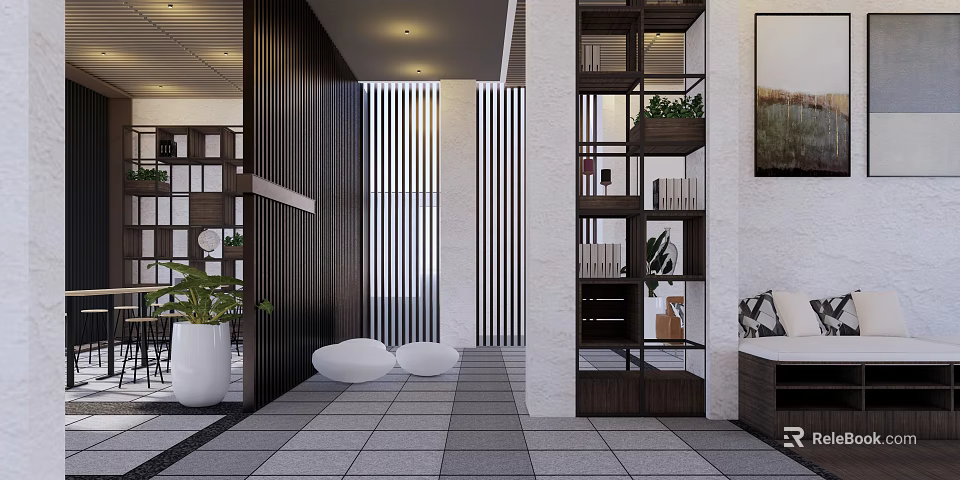 Modern Indoor Garden Landscape Design With Green Plants And Decorative Shelves 3d model 