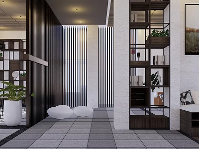 Modern Indoor Garden Landscape Design With Green Plants And Decorative Shelves 3d model
