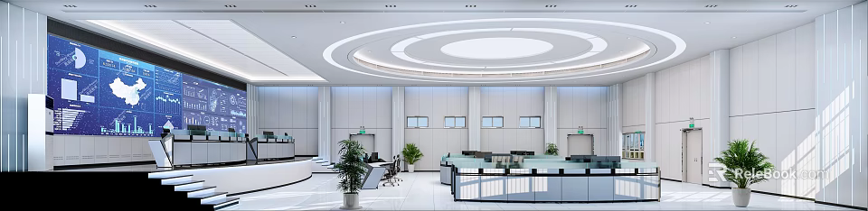 Modern Monitoring Room Interior With Control Desks Monitor Screens Office Chairs And Plants 3d model 