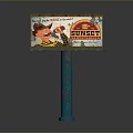 Outdoor Sunset Beer Billboard With Teal Pole And Vintage Cartoon Characters Design