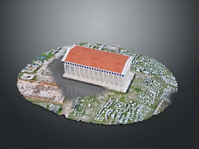 Ancient Temple Model Featuring Red Roof And Columned Structure With Surrounding Greenery Terrain 3d model