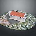 Ancient Temple Model Featuring Red Roof And Columned Structure With Surrounding Greenery Terrain