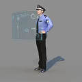 A Man in Blue Uniform and Cap Standing with Transparent Display Screen 3d model