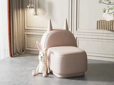Pink Single Sofa With Small Pointed Horns White Rabbit Plush Toy Light Walls Brown Curtains 3d model