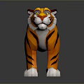 Cartoon 3D Tiger With Orange Black Stripes White Paws Yellow Eyes On Gray Reflective Surface