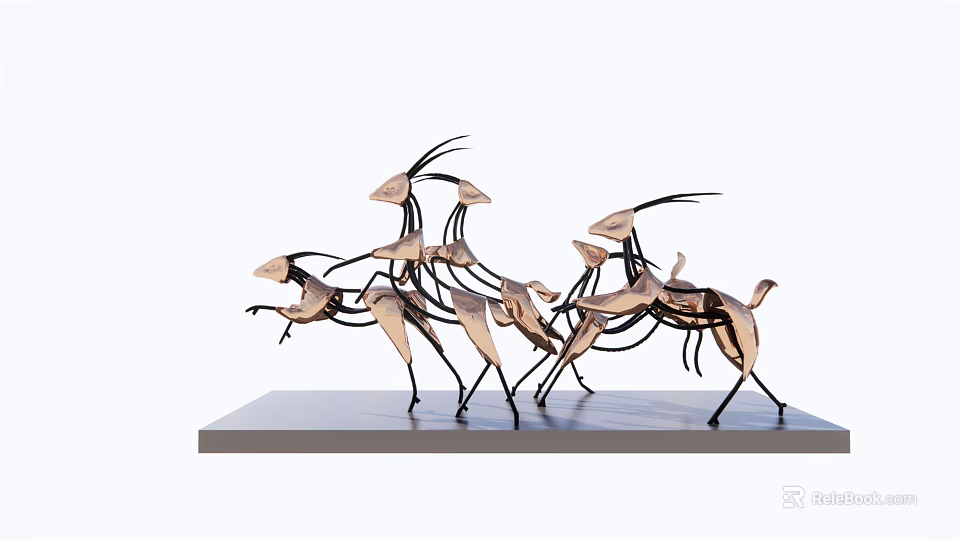Decorative Ornament Set With Unique Running Antelope Figurines On Gray Base 3d model