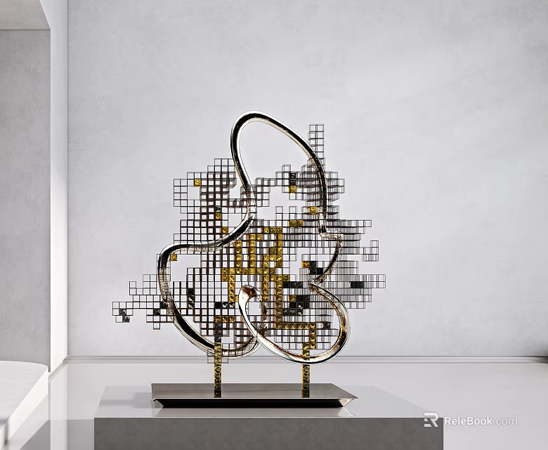 Modern Sculpture Art With Geometric Grid Pattern And Curved Metal Structure 3d model 