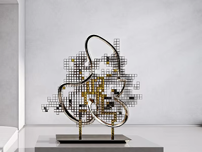 Modern Sculpture Art With Geometric Grid Pattern And Curved Metal Structure 3d model