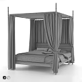 Modern Four Poster Bed With White Curtains Wooden Frame And Striped Bedding