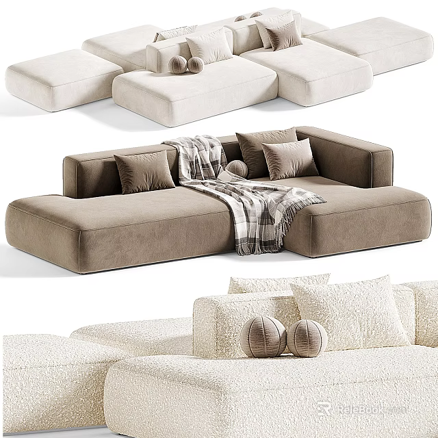 Modern Beige Sectional Sofa With Velvet Fabric Throw Pillows And Knitted Blanket 3d model 