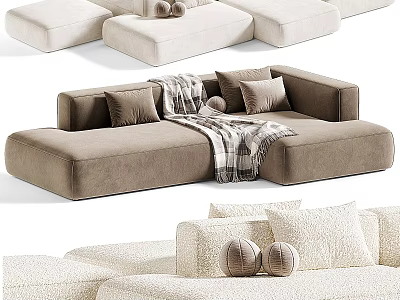 Modern Beige Sectional Sofa With Velvet Fabric Throw Pillows And Knitted Blanket 3d model