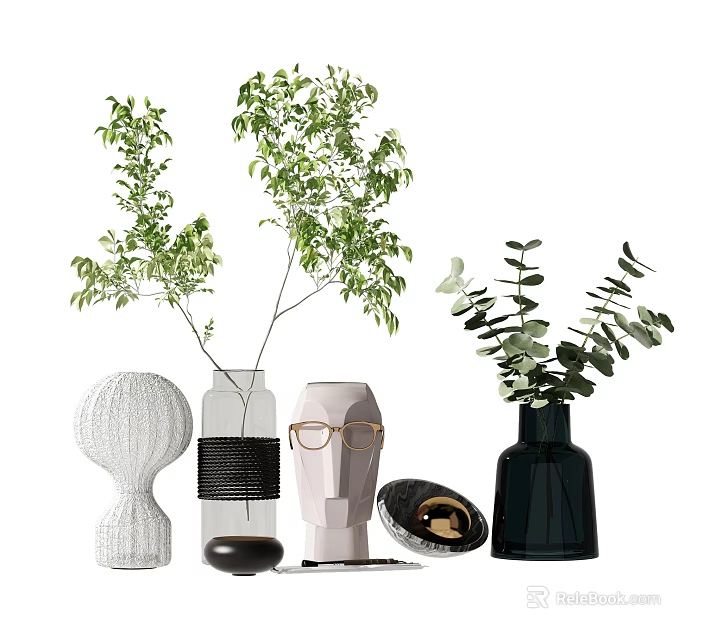 Modern Decorative Ornament Set With Green Plants Various Vases And Face Shaped Decor 3d model 