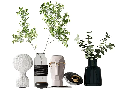 Modern Decorative Ornament Set With Green Plants Various Vases And Face Shaped Decor 3d model