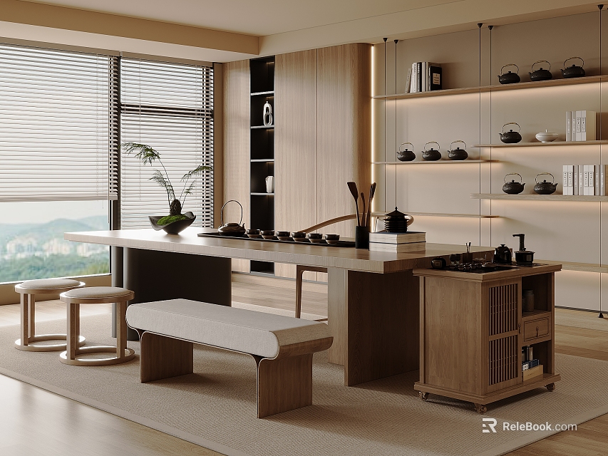 Natural Modern Tea Room Interior With Wooden Table Tea Sets Shelves Bench And Plants 3d model 