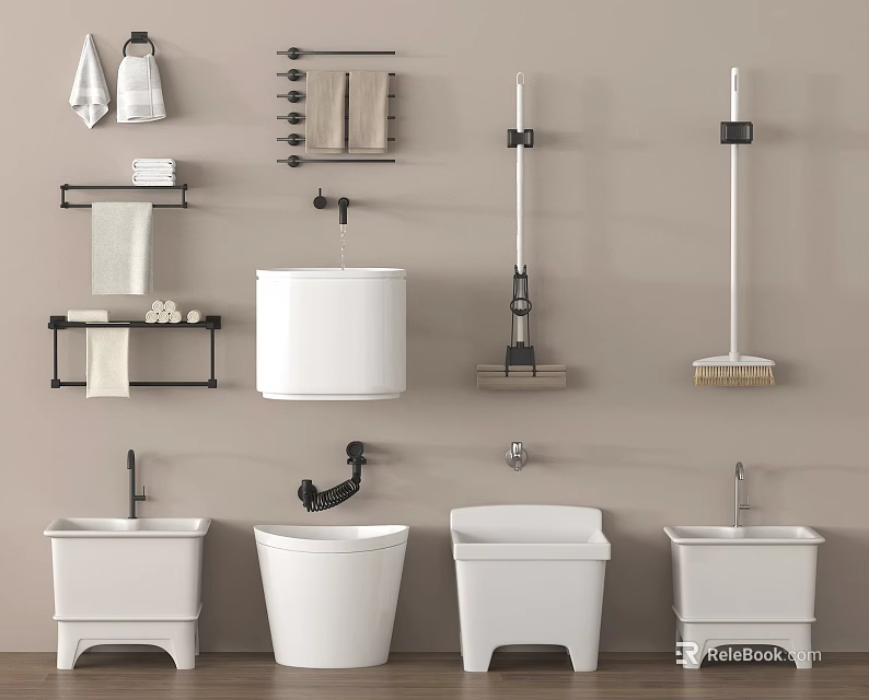 Bathroom Accessories Collection Featuring White Toilets Sinks Towel Racks And Mops 3d model 