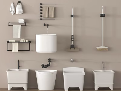 Bathroom Accessories Collection Featuring White Toilets Sinks Towel Racks And Mops 3d model
