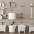 Bathroom Accessories Collection Featuring White Toilets Sinks Towel Racks And Mops