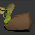 Green Mythical Winged Creature Sitting On Brown Rock With Yellow Details And Red Chest Pattern