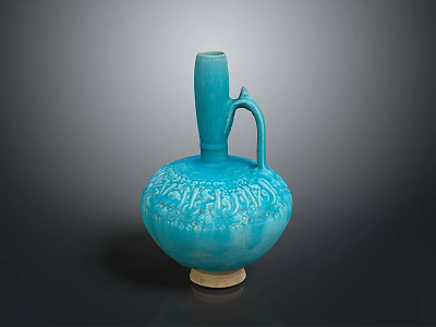 Artistic Carved Blue Vase With Intricate Decorative Patterns And Curved Handle Design 3d model