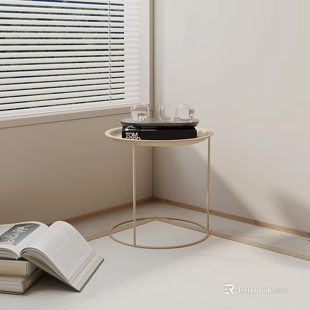 Side Table with Gold Frame Glass Cups Black Book by Window and Open Book 3d model