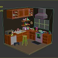 Wooden Kitchen Interior Design With Cabinets Microwave Oven Range Hood Window And Stool