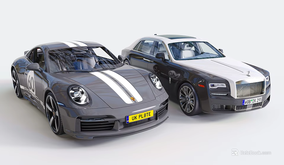 Porsche Sports Car With White Stripes And Rolls Royce Luxury Sedan 3d model 