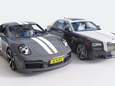 Porsche Sports Car With White Stripes And Rolls Royce Luxury Sedan 3d model