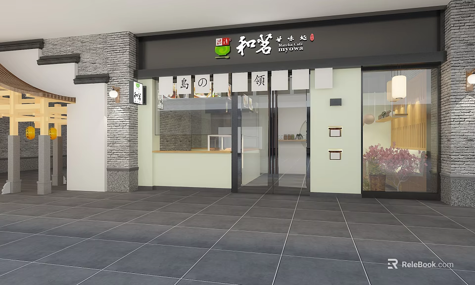 Traditional Japanese Style Mall Shop Exterior With Glass Doors And Lantern Lights 3d model 
