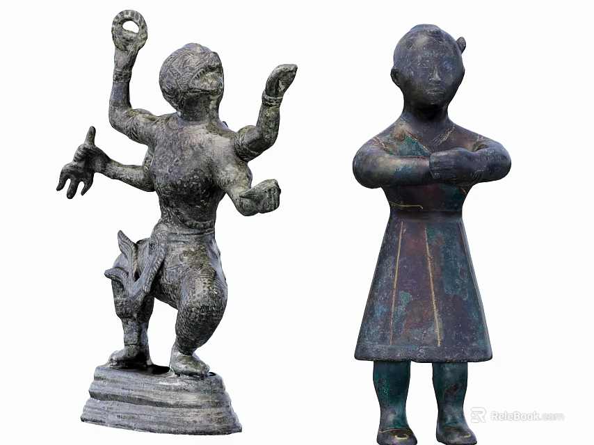 Ancient Bronze Statues Featuring Multi Armed Figure And Standing Robed Figure 3d model 