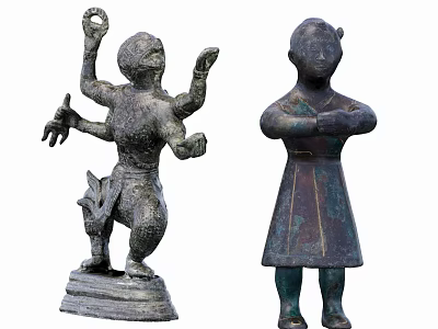 Ancient Bronze Statues Featuring Multi Armed Figure And Standing Robed Figure 3d model