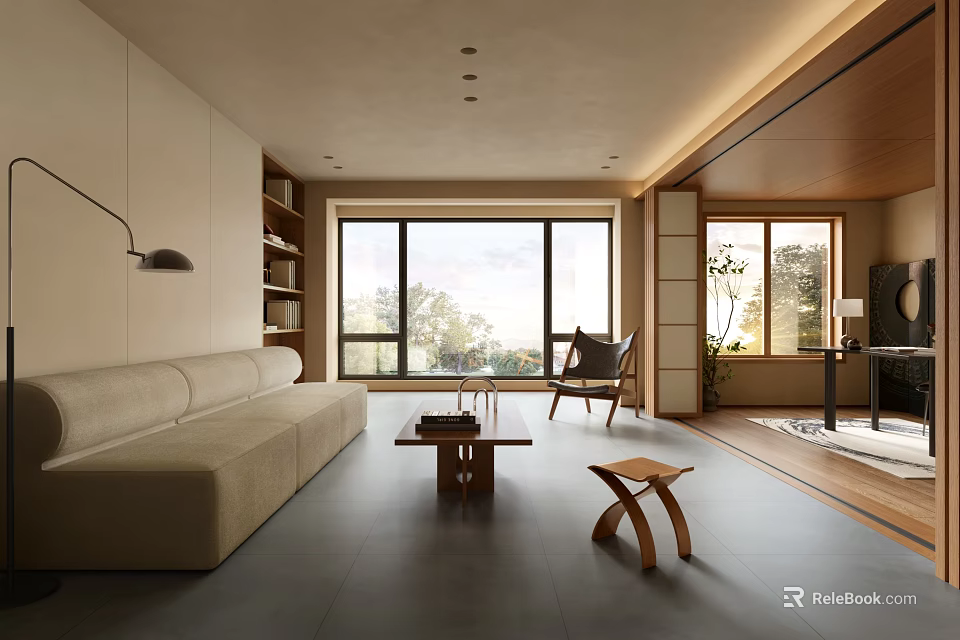 Modern Minimalist Living Room Interior With Light Sofa Wooden Coffee Table Armchair And Large Windows 3d model 