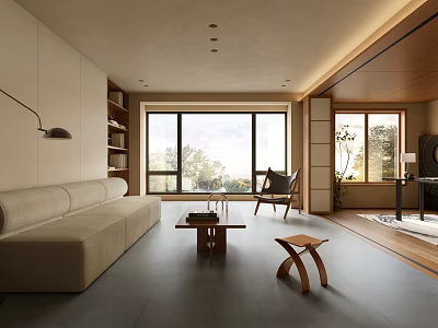 Modern Minimalist Living Room Interior With Light Sofa Wooden Coffee Table Armchair And Large Windows 3d model