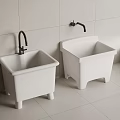 Double White Utility Sinks With Black Faucets In Tiled Bathroom Space