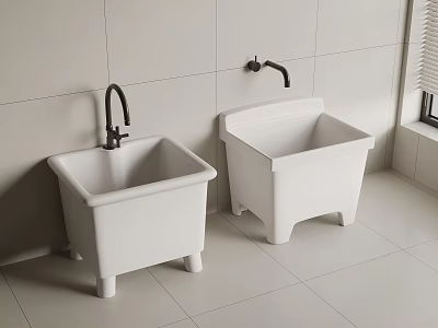 Double White Utility Sinks With Black Faucets In Tiled Bathroom Space 3d model