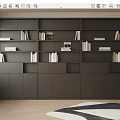 Modern Dark Gray Built in Bookcase With Multiple Shelves Books Photo Frames And Wooden Wall Panel