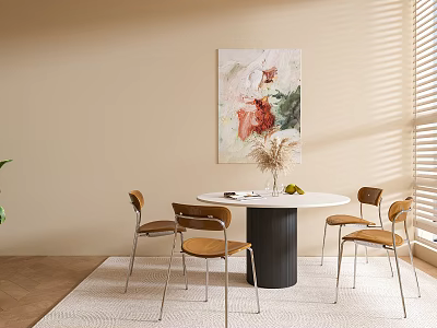 Round Dining Table Set With White Tabletop Black Base Four Chairs Wooden Seats Metal Legs 3d model