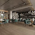 Contemporary Dining Area With Green Chairs Open Shelving Plants Chandelier Brick Wall And Guitar