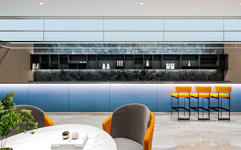 Modern Bar Interior With Blue Counter Black Cabinets And Orange Chairs 3d model 