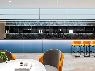 Modern Bar Interior With Blue Counter Black Cabinets And Orange Chairs 3d model